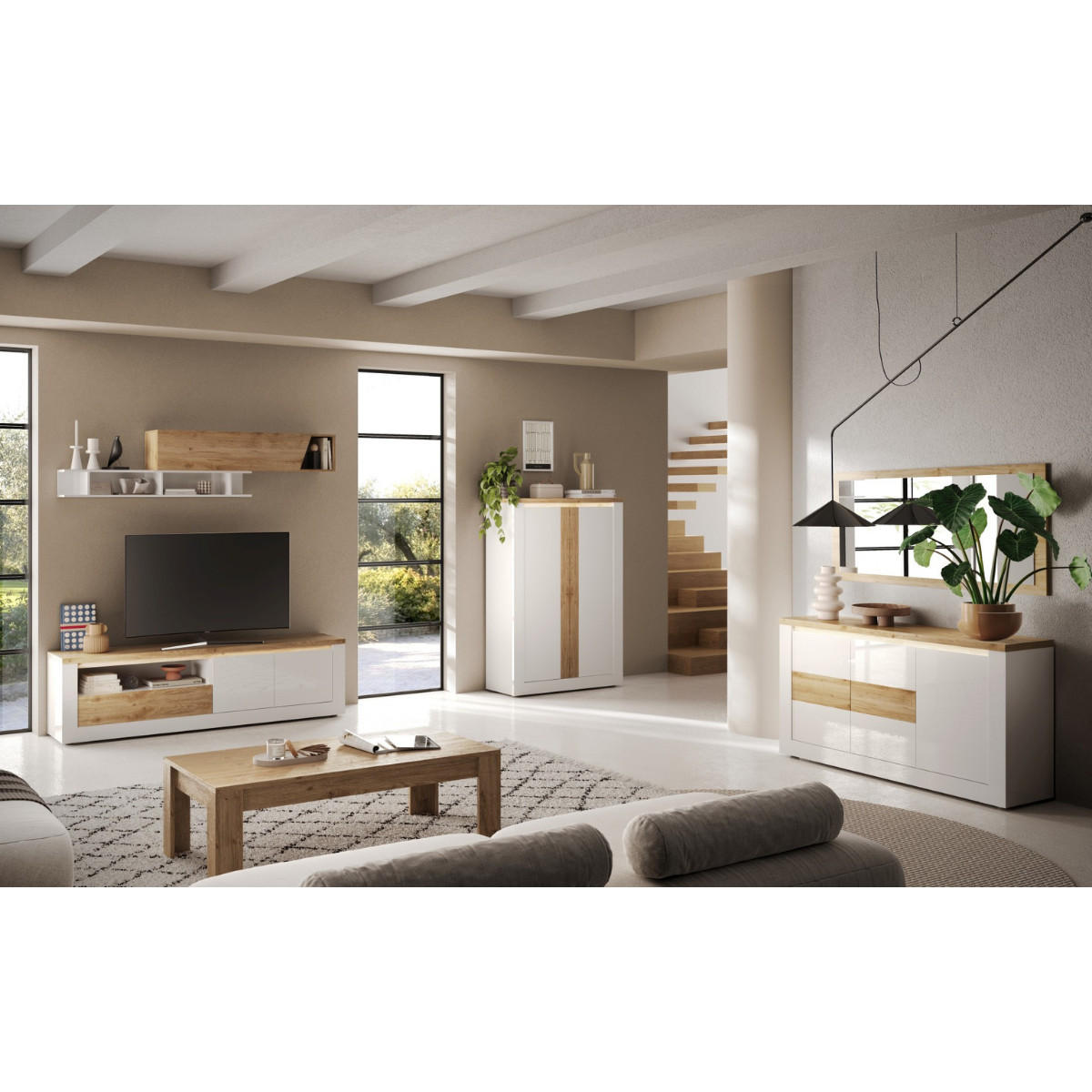 TV-MÖBEL2 Türen LED-Beleuchtung Eichendekor und Weiß 207/43/58 cm - Weiß, Holzwerkstoff (43/58/207cm) - Calicosy