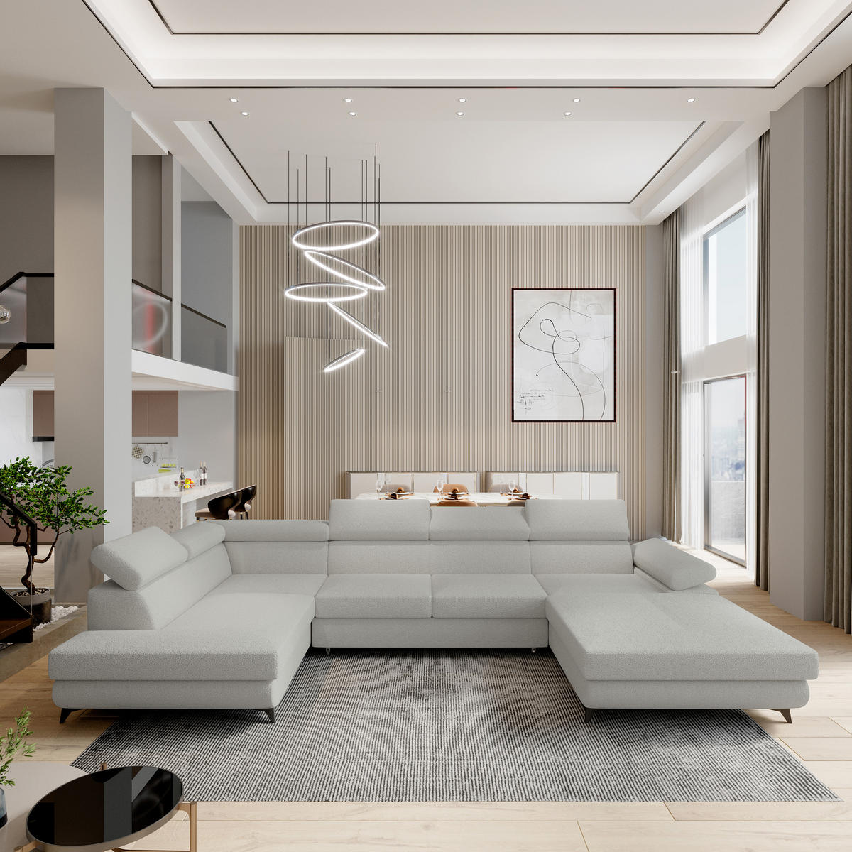 ROHOVÁ SEDAČKA RUBANO světle šedá - černá/světle šedá, kov/dřevo (339/190cm) - MASSENO