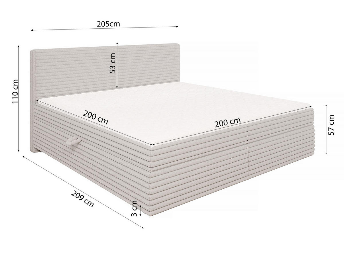 BOXBETT Roma 200/200 cm Hellgrau Plüschcord - Hellgrau/Schwarz, Holz/Kunststoff (200/200cm) - S-Style Möbel