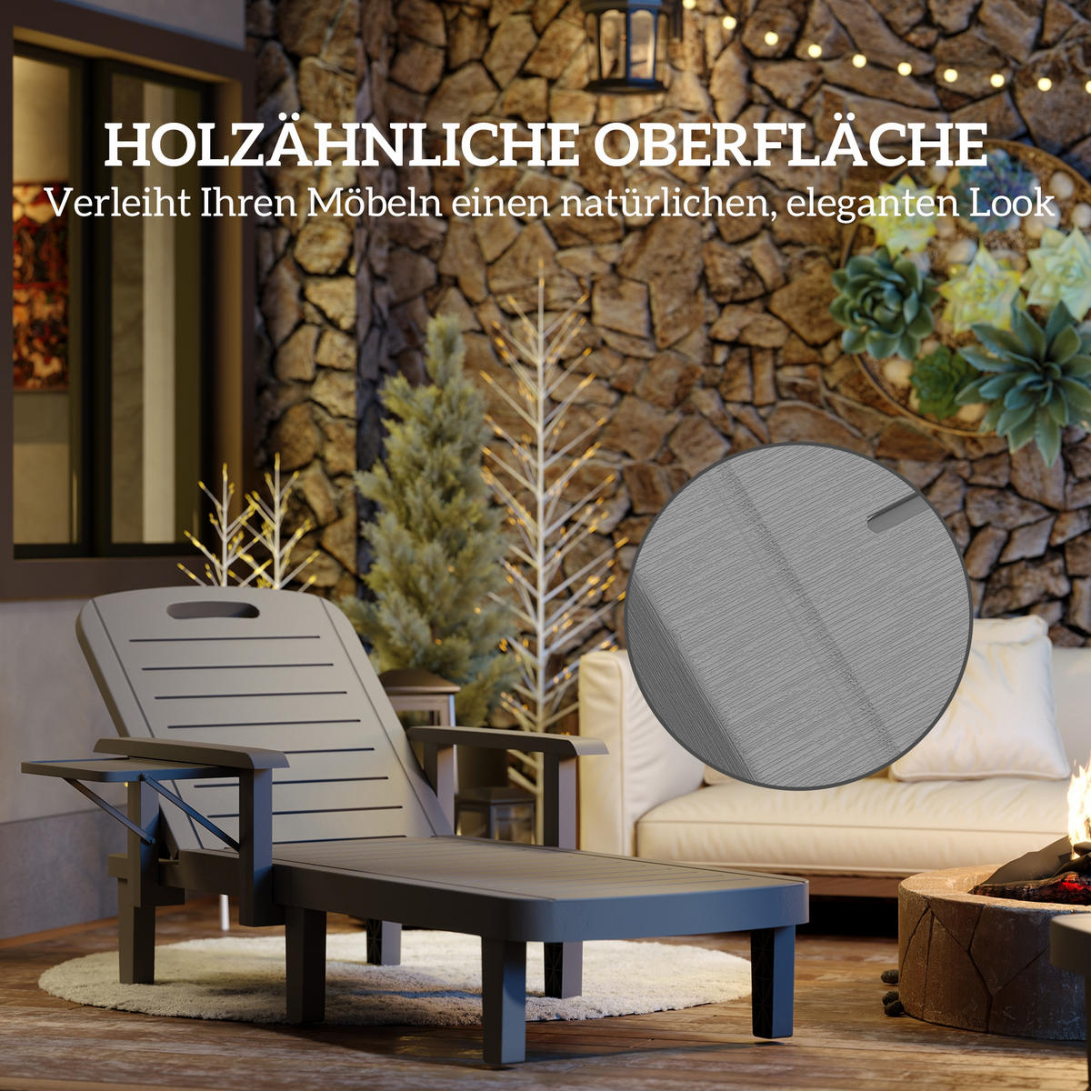 SONNENLIEGE Gartenliege mit Seitentisch Holzoptik Liegestuhl mit 5-Fach verstellbare Rückenlehne Dunkelgrau - Dunkelgrau, Metall (158/88/79cm)