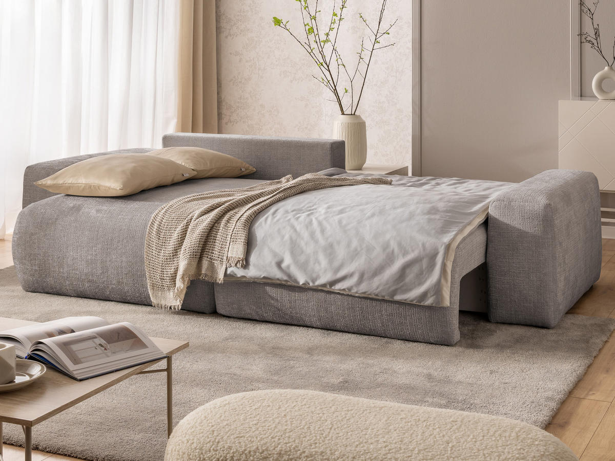 ECKSOFA Puffy mit Schlaffunktion und Bettkasten - besonders weich und puffig aus Taupe Chenille-Stoff - Ottomane links - Taupe/Schwarz, Holz/Kunststoff (138/266cm) - S-Style Möbel