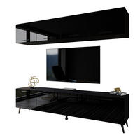 WOHNWÄNDE AURA mit Griffen Schwarz Hochglanz mit LED-Beleuchtung – Füße in Schwarz - Schwarz Hochglanz/Schwarz, Holzwerkstoff (200/49/40cm) - Lookway