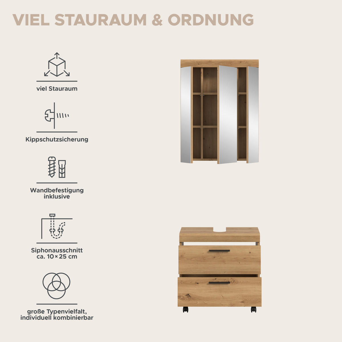 BADEZIMMER Vento 3-tlg. (B/H/T: ca. 60/191/34 cm) in Artisan Eiche /Artisan Eiche - Eiche Artisan, Holzwerkstoff (60/191/34cm)