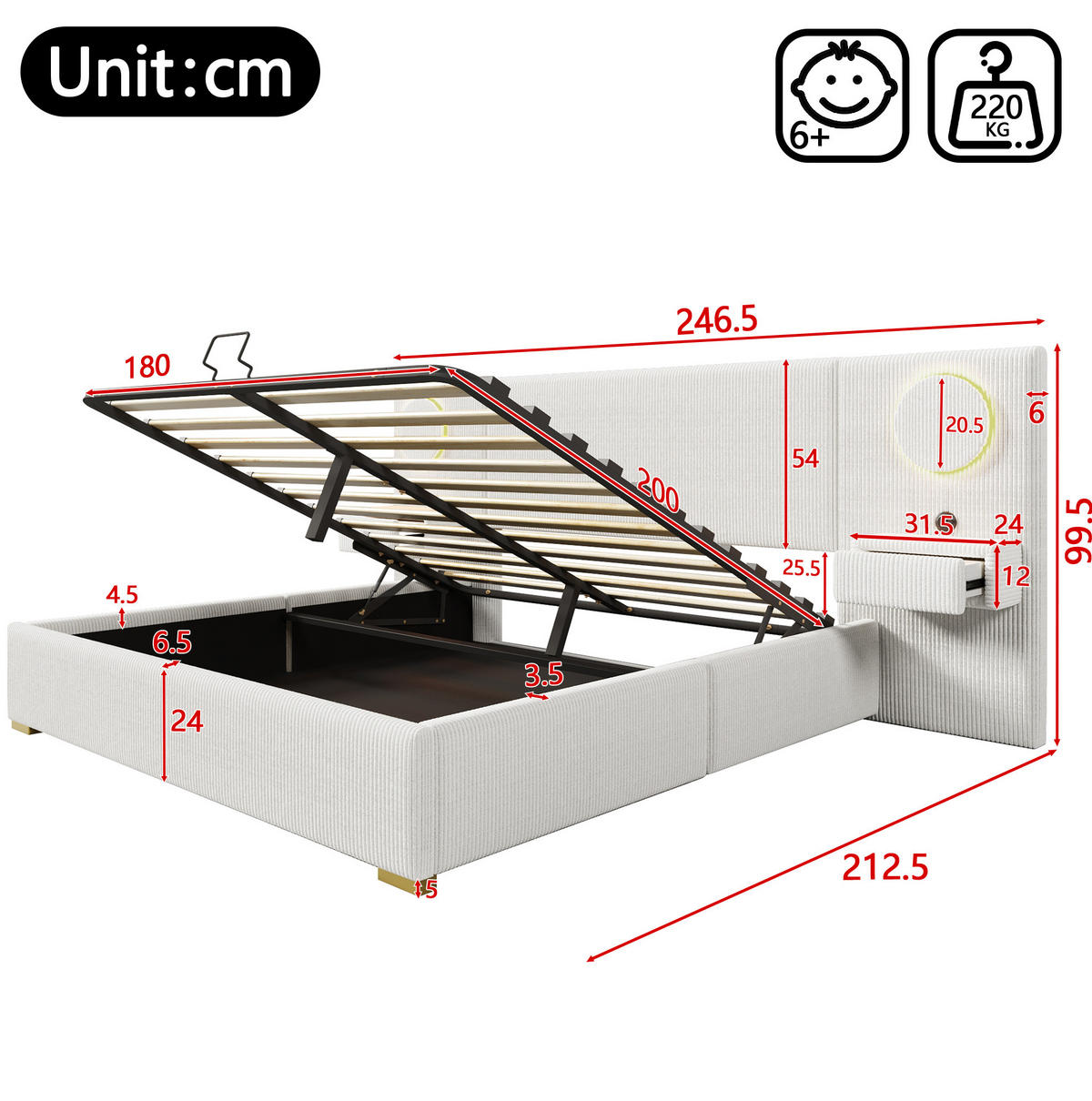 SAMETOVÁ čalouněná postel 180/200 cm s LED osvětlením, USB porty a hydraulickým úložným prostorem, Béžová - béžová, textil (180/200cm) - Redom