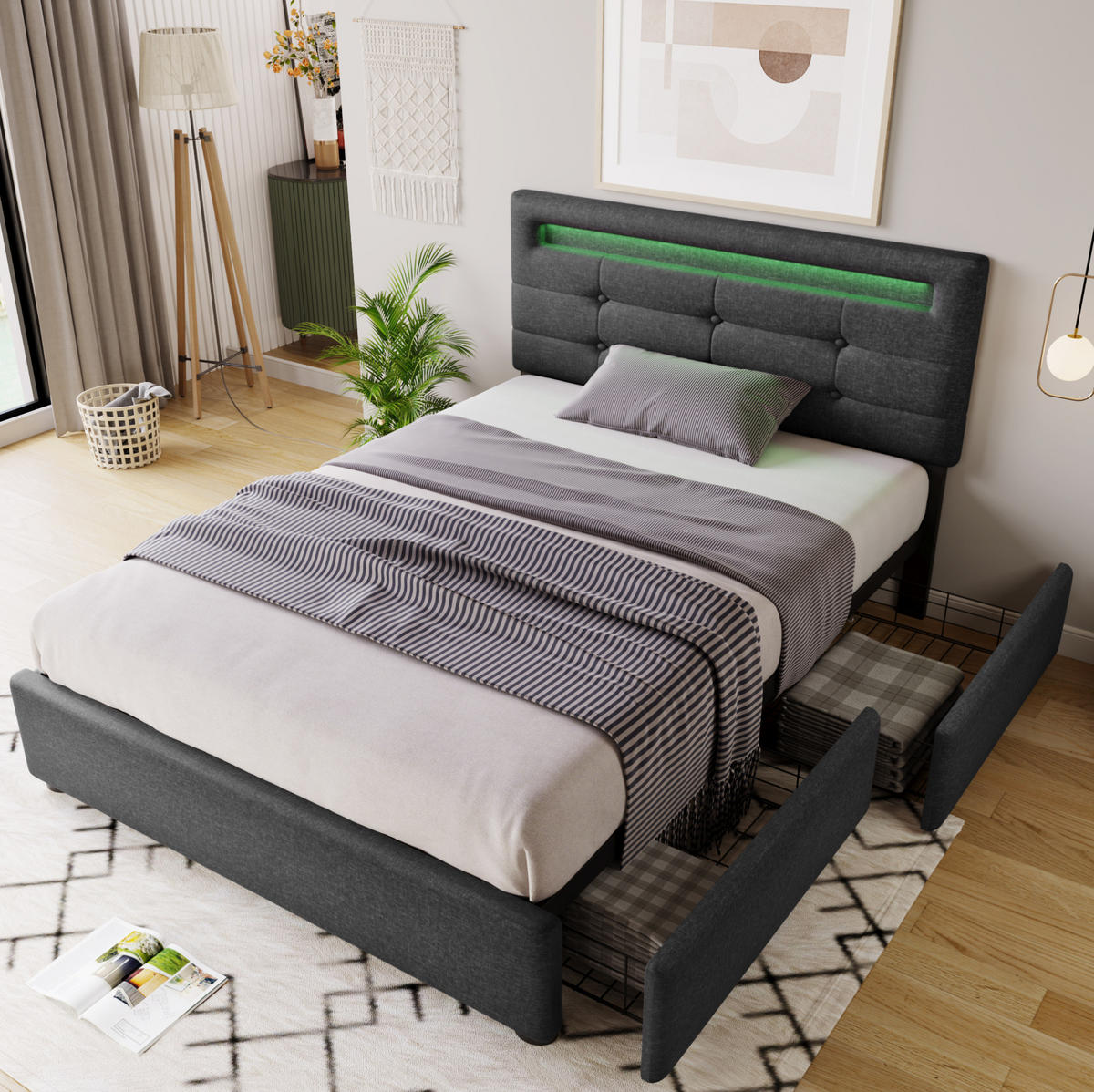 POLSTERBETT mit LED-Beleuchtung 90/200 cm, mit 2 Schubladen und verstellbarem Kopfteil - Grau, Textil (90/200cm) - BEAOK