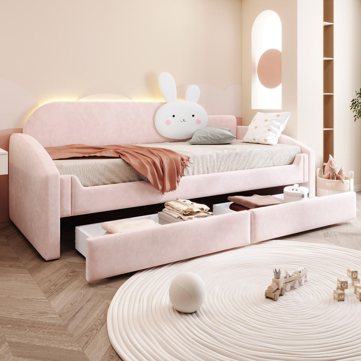 KINDERBETT mit 2 Schubladen und LED 90x200 cm Samt Rosa - Pink, Holzwerkstoff (90/200cm) - Beauniv