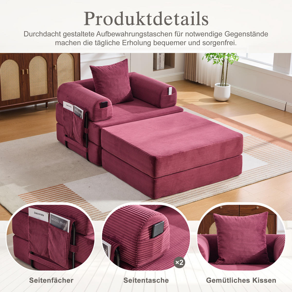 SOFA Cord Weinrot mit Kissen und Hocker - Weinrot, Textil/Metall (112/67/190cm) - WISHDOR