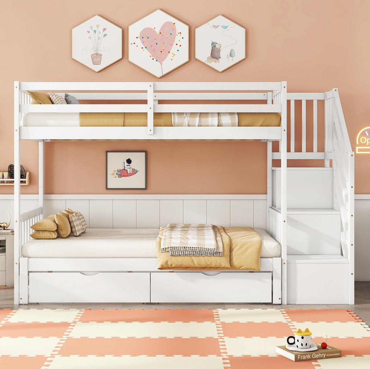 ETAGENBETT 90/200 cm mit Ausziehbett und 2 Schubladen in Weiß - Weiß, Holz (90/200cm) - BEAOK