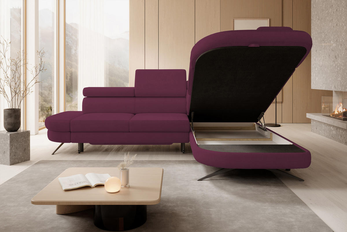 ECKSOFA OTIS L-förm, Schlaffunktion, verstellbare Kopfstützen, in AURORA-Stoff, lose Rückenkissen, freistehend, RECHTS 276x218x97 cm Purple - Lila, Holz/Textil (276/218cm) - DomoHome