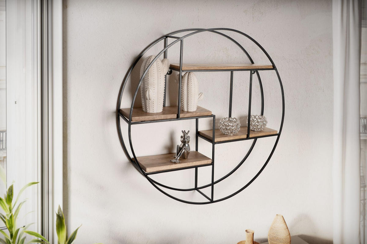 WANDREGAL Mango Massivholz Metall Industrial Stil 70x70x18 cm Rund - Schwarz/Braun, Holz/Metall (70/70/18cm) - KADIMA DESIGN