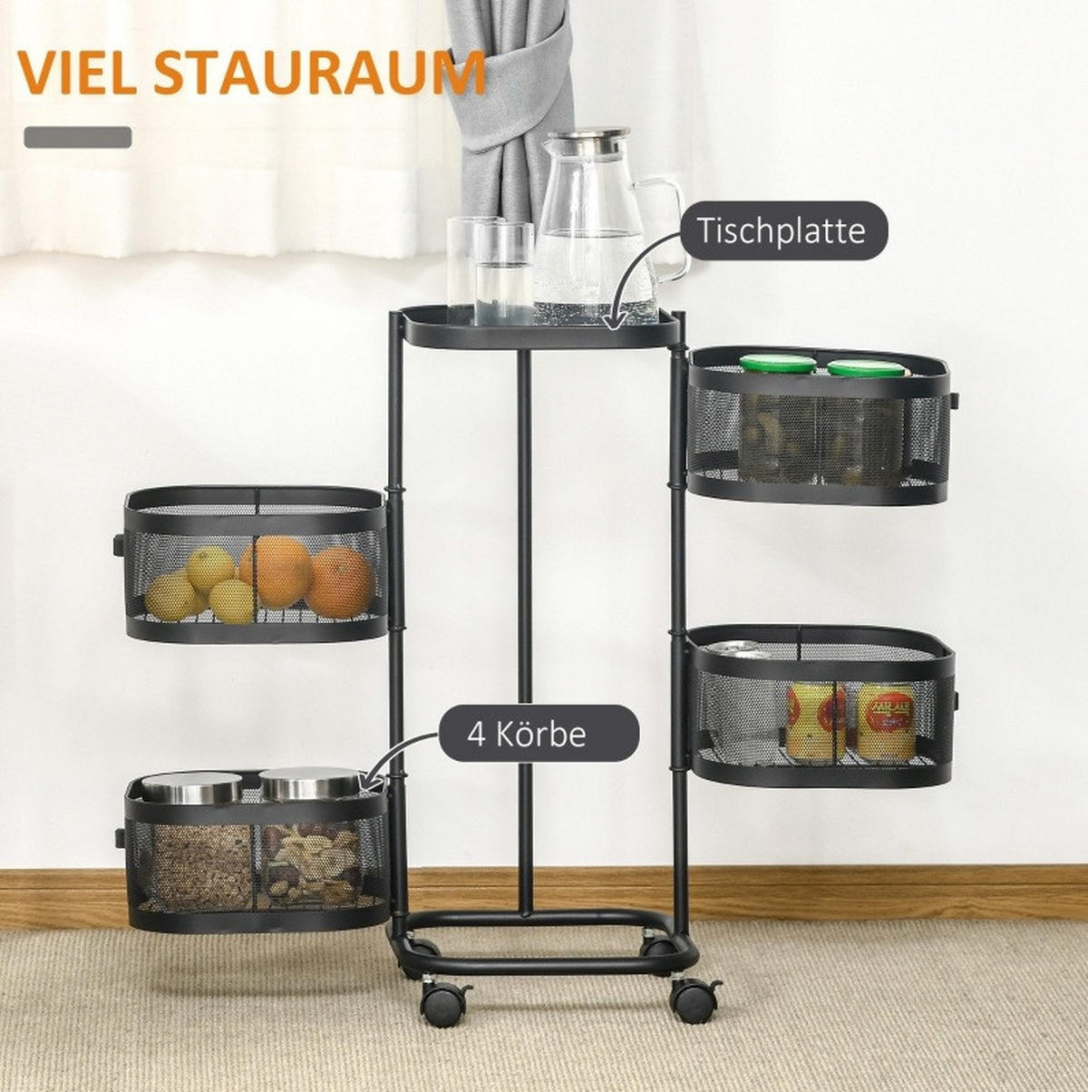 ROLLWAGEN mit 4 Ebenen 33 x 33 x 77 cm Schwarz - Schwarz, Metall (33/77/33cm) - Beauniv