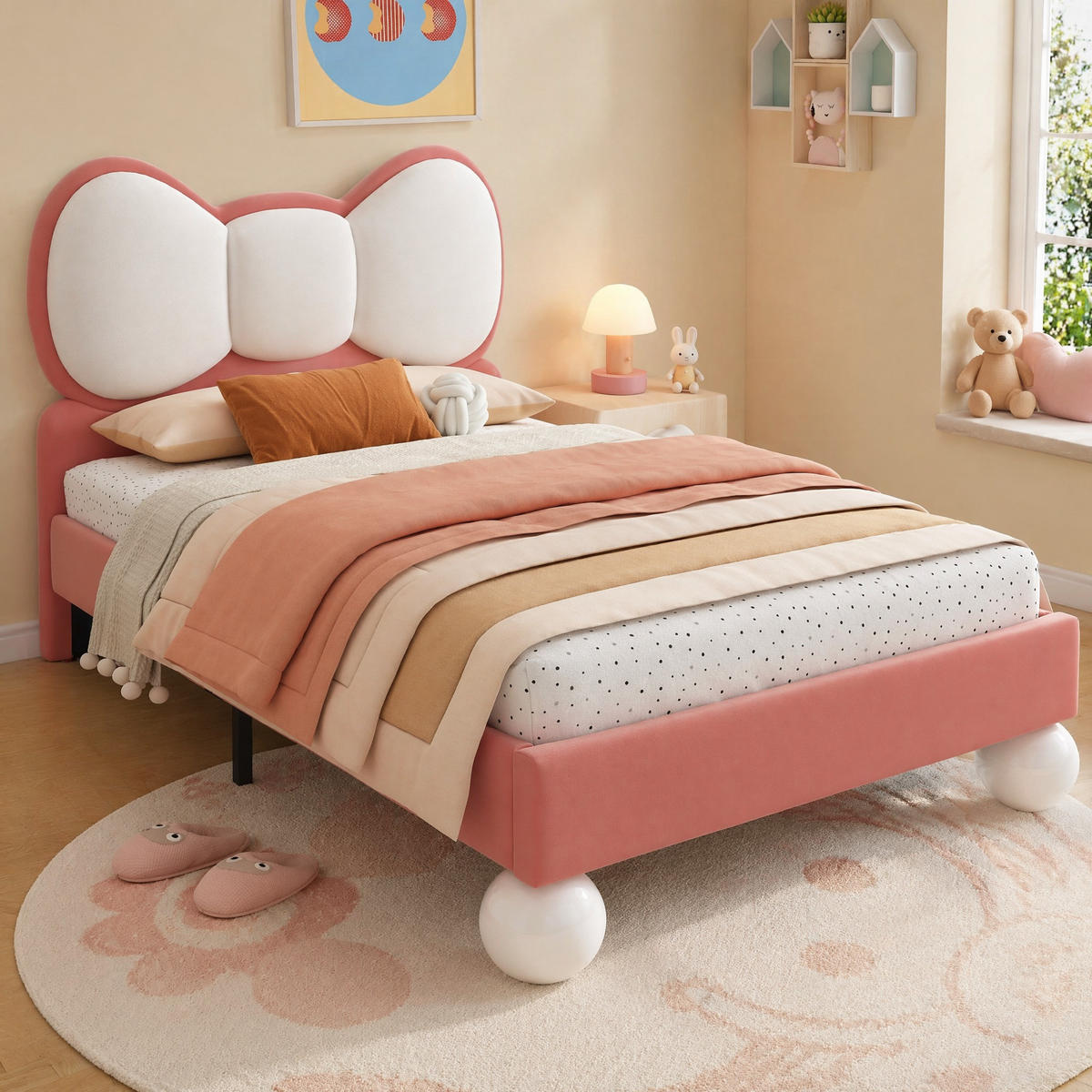 POLSTERBETT 90/200 cm in Rosa Samt Kinderbett mit LED und Fliege-Kopfteil - Beige/Schwarz, Holzwerkstoff/Textil (90/200cm) - STILVORA