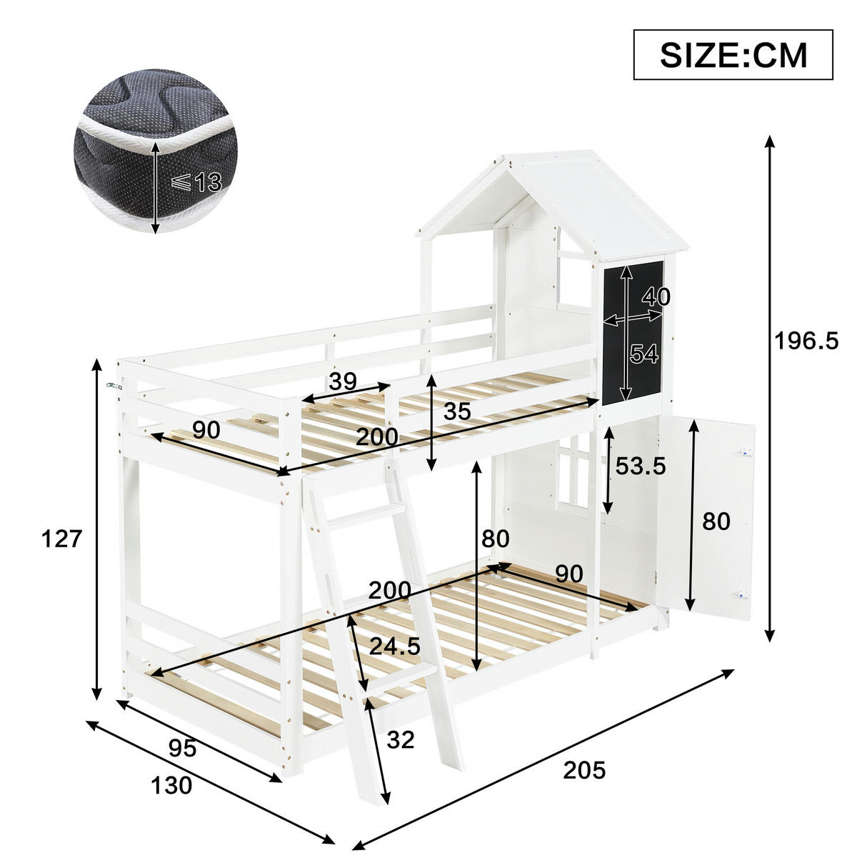 ETAGENBETT 90/200 cm mit Tafel, kleiner Tür, Dach und Schrägleiter aus Kiefernholz und MDF, Weiß - Weiß, Holzwerkstoff (90/200cm) - Redom