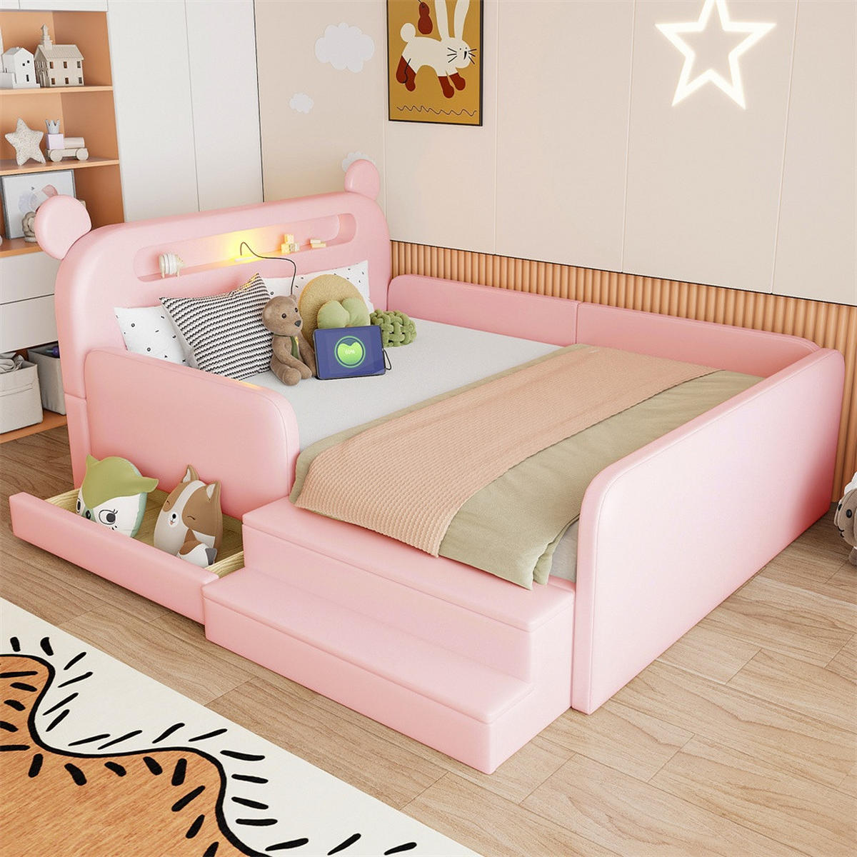 POLSTERBETT 140x200 cm mit Bären-Kopfteil - Nachtlicht & USB - mit Stauraum - Rosa - ohne Matratze - Pink, Textil (140/200cm) - DELFA