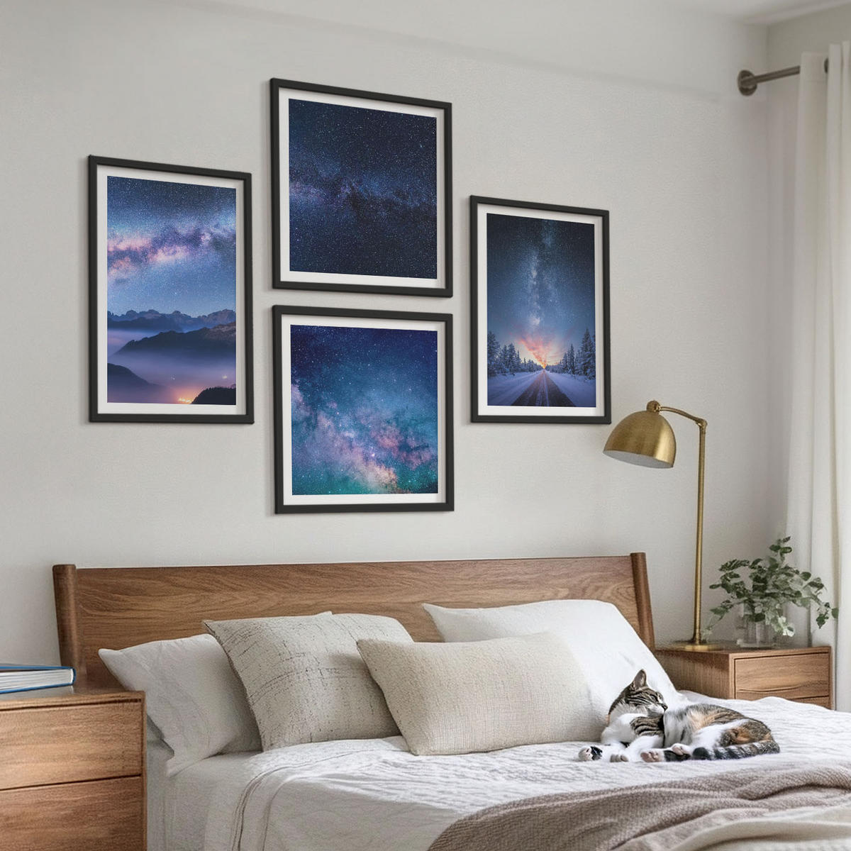 BILDER SET 4er Set - 50x50 cm & 40x60 cm Schwarzer Rahmen - Nachthimmel, Berge, Winter, Weltraum - Schwarz, Kunststoff (50/50cm) - TULUP