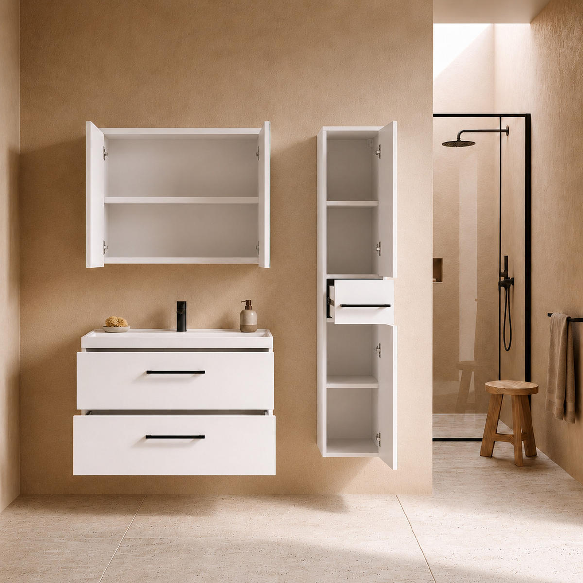 BADMÖBEL-SET Florence 3 Teile Hochglanz Weiß - 80 x 40 x 51 cm - Weiß, Holz (80/51/40cm) - Badplaats