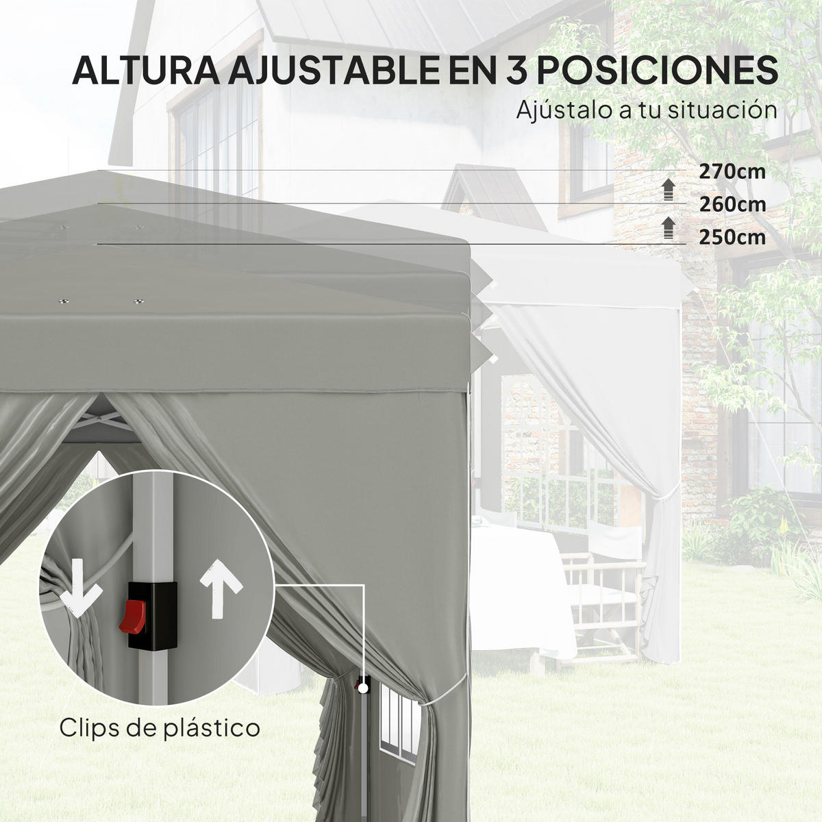 PAVILLON, faltbar,mit 3 verstellbaren Höhenstufen, wasserdicht (UPF 50+), 2,5 x 2,5 m ,Grau - Hellgrau, Metall (248/270/248cm) - Vallsero