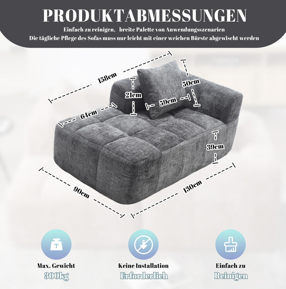 CHAISELONGUE Sofa Chenille mit Seitentaschen und Kissen 158/90/60 cm Grau - Grau, Textil (60/158/90cm) - Redom