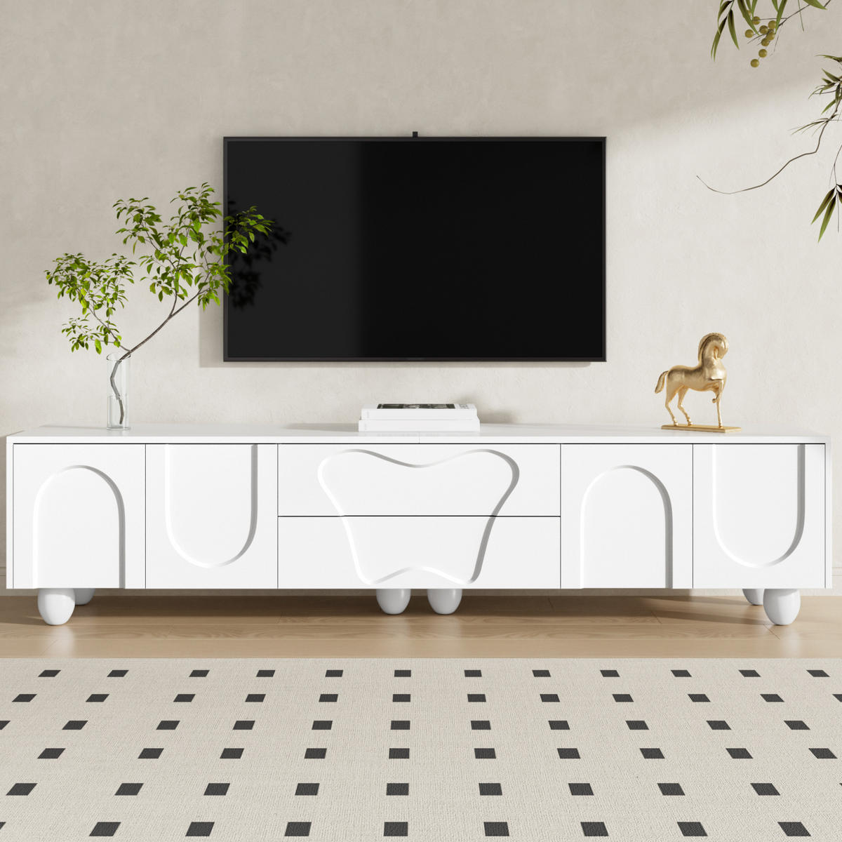 TV ormarić 180/40/42 cm bijeli od iverice s ladicama i vratima na nogama od masivnog drva - bijela, drvni materijal (180/42/40cm) - OKWISH