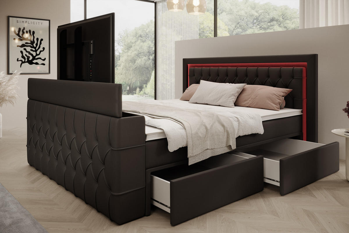 BOXSPRINGBETT Arosa TV mit Schubladen und Topper, TV-Lift, LED Beleuchtung, Kunstleder, 180x200 cm, Schwarz - Schwarz, Holz - PROMETO Möbel