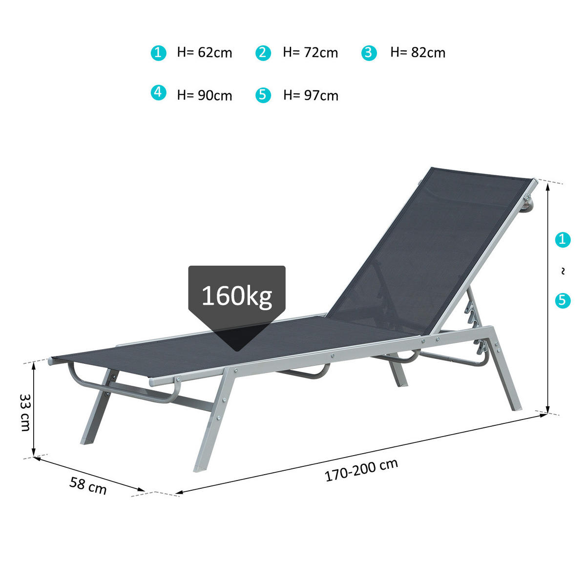 GARTENLIEGE - Schwarz, Kunststoff/Metall (58/97/170cm) - Outsunny