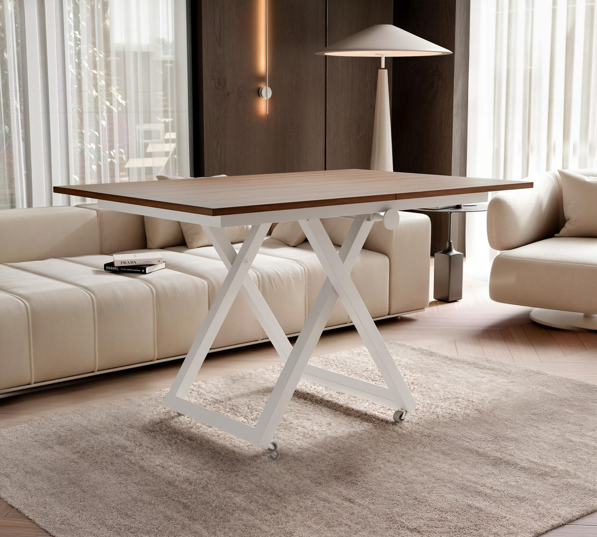 COUCHTISCH ARIA 120-160/80 cm, Höhenverstellbar, Weiß / Franklin-Nussbaum - Nussbaumfarben/Weiß, Holzwerkstoff/Metall (120/80/38cm) - Idohome