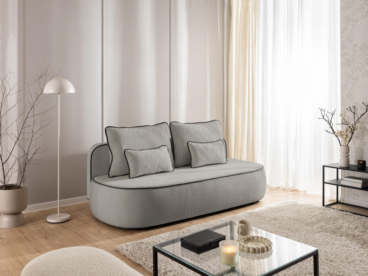 KINDERSOFA Vero im modernen und abgerundeten Design mit Schlaffunktion und Bettkasten aus Grau Plüschstoff mit schwarzer Paspel - Schwarz/Grau, Holz/Kunststoff (210/90/98cm) - S-Style Möbel