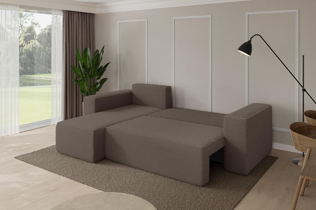 ROHOVÁ SEDAČKA s funkcí spaní, otoman vlevo SENO-L 249x139x85 hnědá bouclé - černá/hnědá, kompozitní dřevo/textil (249/139cm) - ALTDECOR