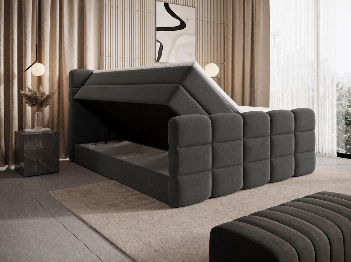 BOXSPRINGBETT Carenzo 2 Anthrazit 200/200 cm H2/H3 mit premium Topper - Anthrazit, Textil (200/200cm) - wonello