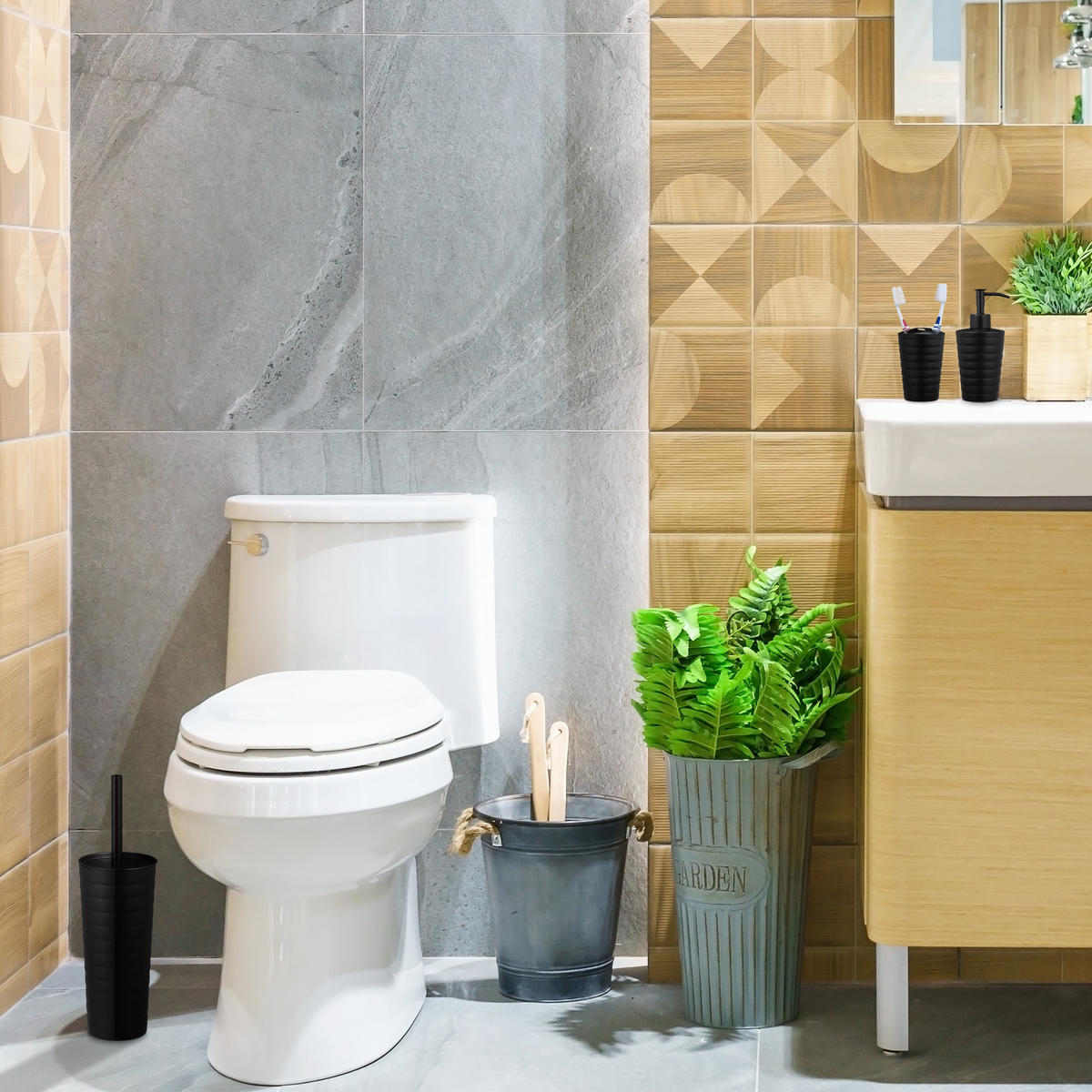 5-TLG.BADEZIMMER-SET - Schwarz, Metall (11/37/11cm) - Relaxdays