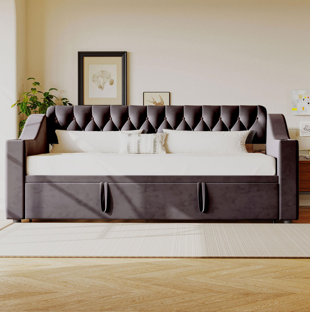 SAMT-POLSTERBETT 90/190 cm mit Auszug, USB und Lattenrost - Dunkelgrau, Textil (90/190cm) - BEAOK