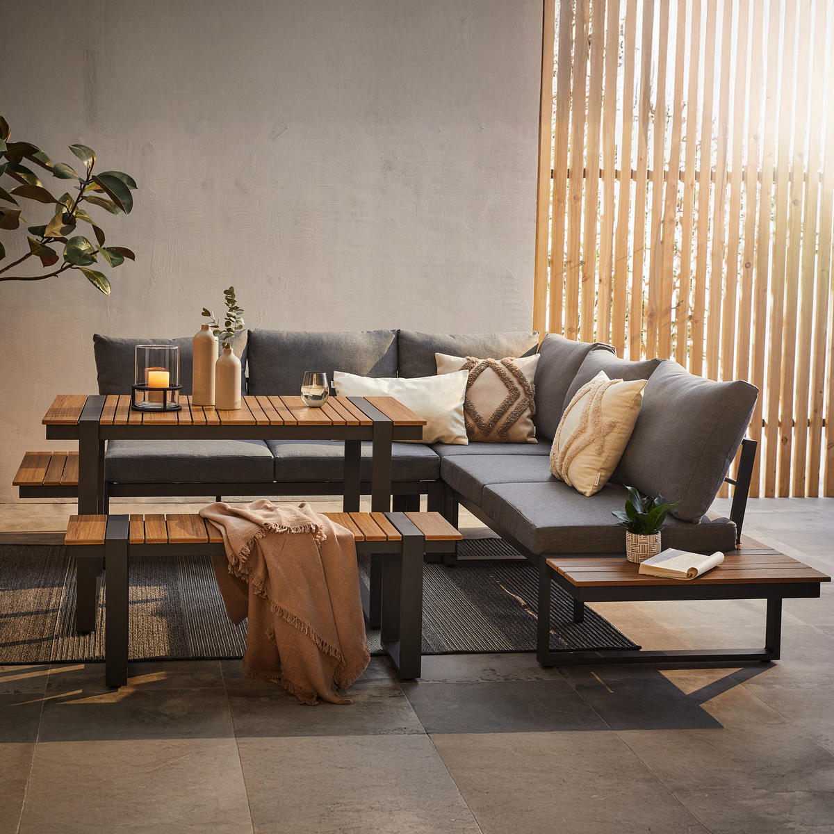 GARTENSITZGRUPPE - Polywood / Polyester - Braun / Grau - 5-teilig - Braun/Grau, Holzwerkstoff/Textil - home24