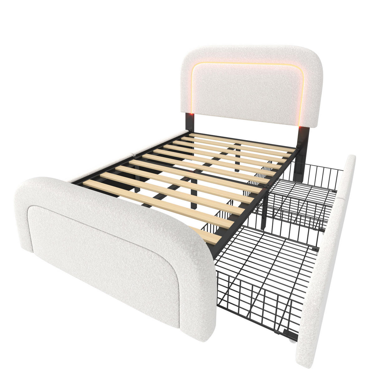 POLSTERBETT 90/200 cm aus Sherpa mit LED, USB-C und 2 Schubladen Weiß - Weiß, Fell (90/200cm) - Modenvie