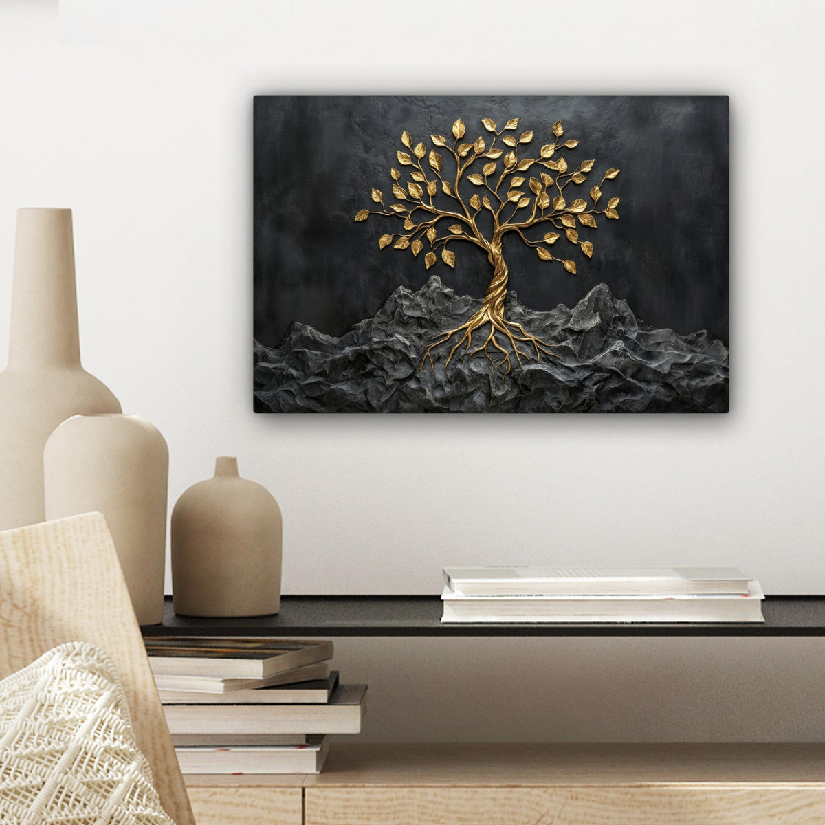 LEINWANDBILD Blätter - Gold - Baum - Fels Deko Schlafzimmer 30x20 cm - Schwarz, Textil (30/20cm) - MuchoWow