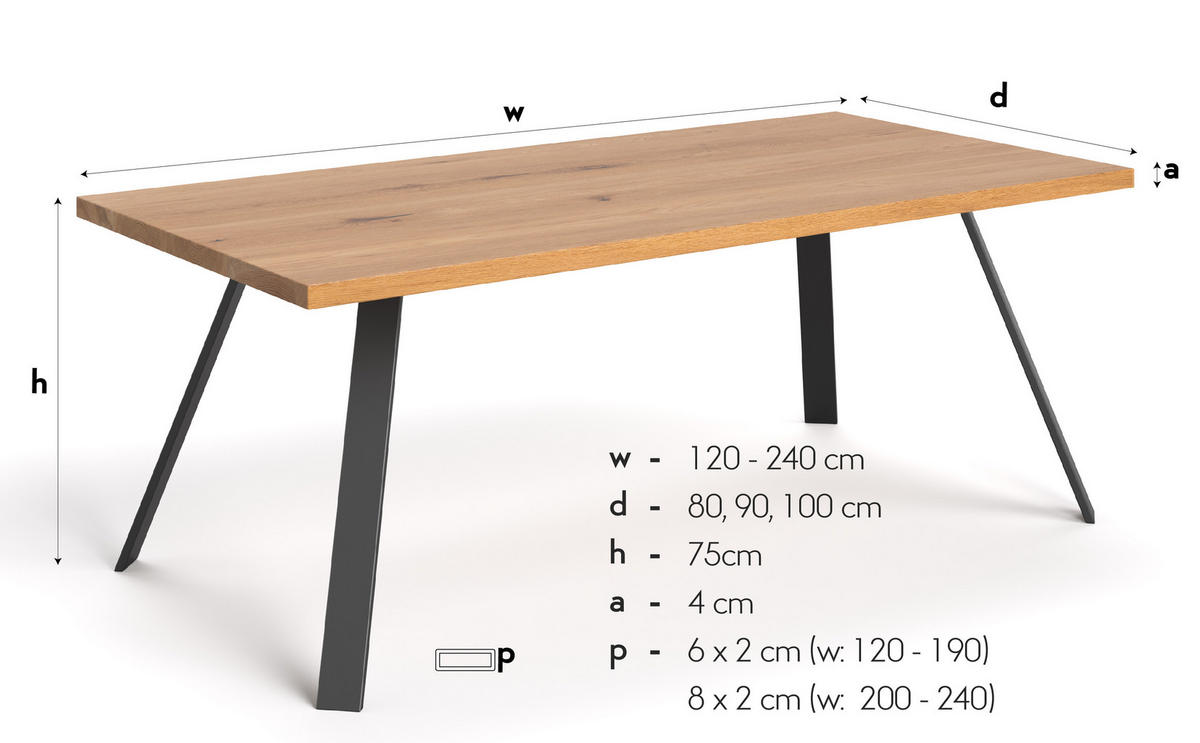 ESSTISCH Lige aus massivem Eichenholz 160x100 cm - Eichefarben/Schwarz, Holz/Metall (160/100/75cm) - Danzz