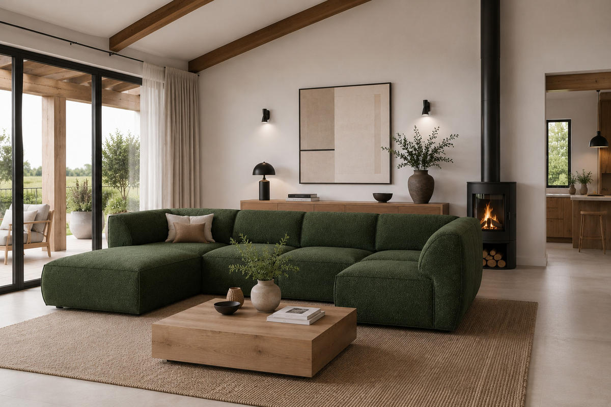 WOHNLANDSCHAFT MOVO - modulares Ecksofa grün – modernes Design und flexible Gestaltung, links - Dunkelgrün/Bordeaux, Kunststoff/Textil (156/78/345cm) - KS Home Concept