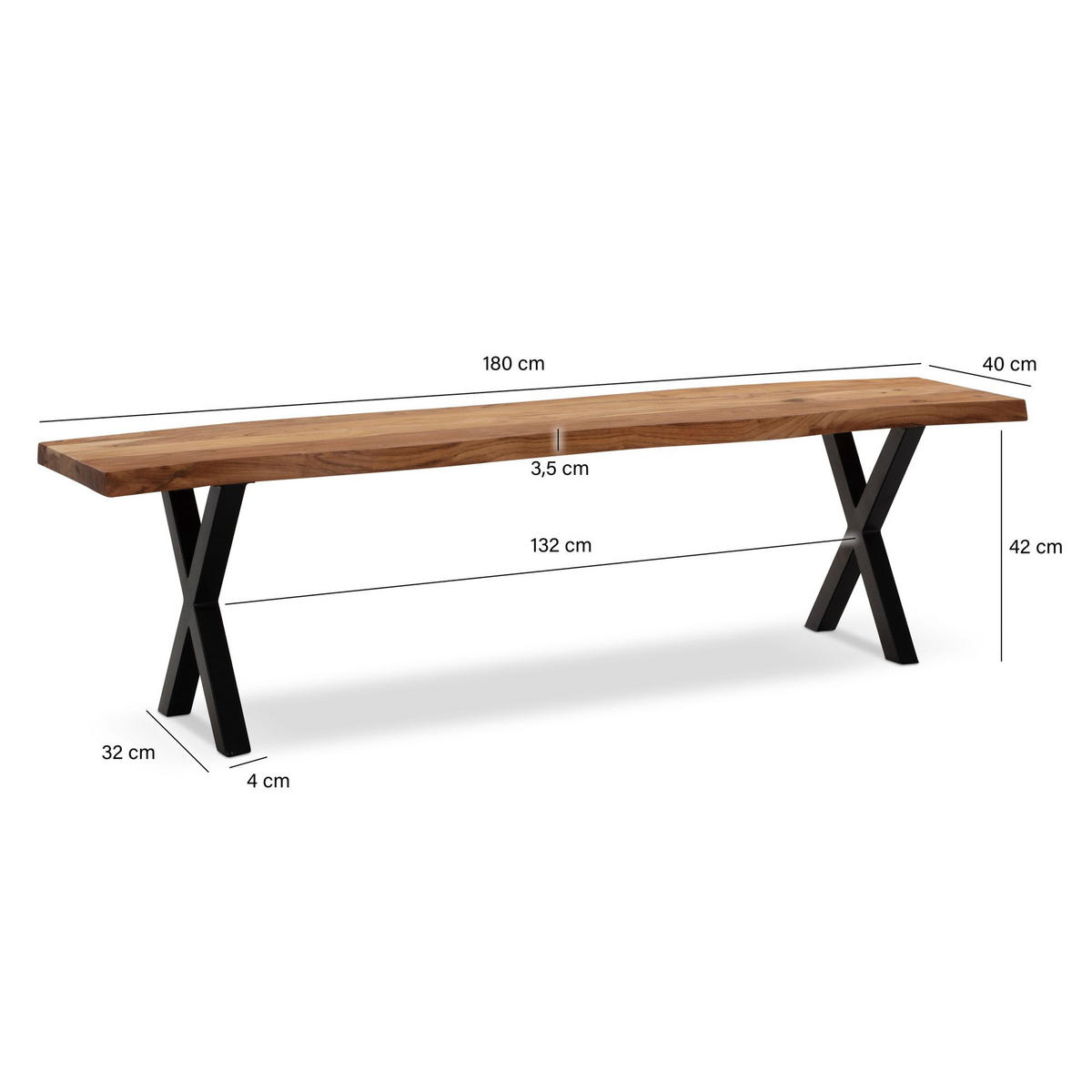 ESSZIMMERBANK Massivholz Metall Baumkante X-Beine, Akazie 180x40x46 cm - Schwarz/Braun, Holz/Metall (180/46/40cm) - KADIMA DESIGN