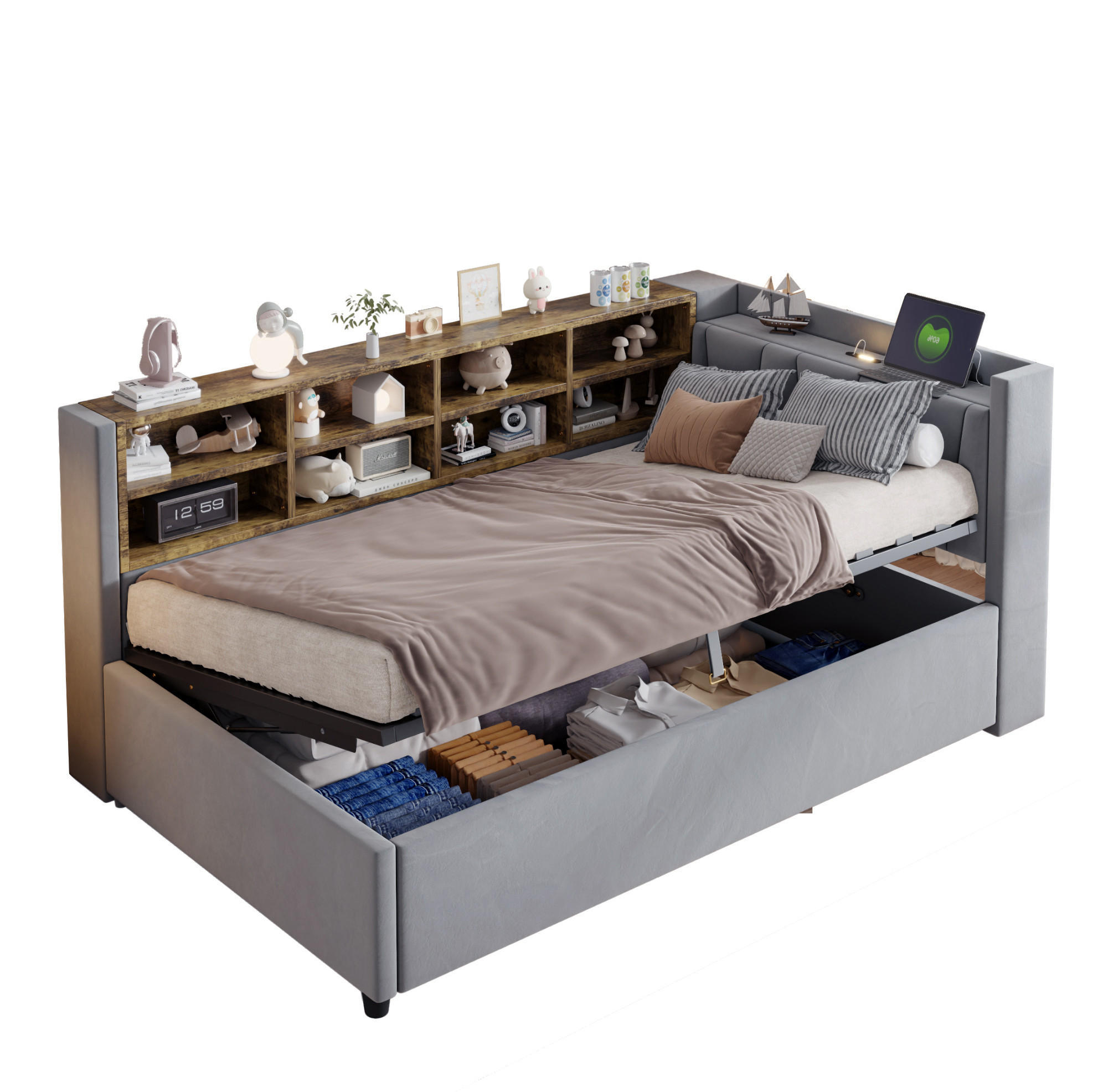 POLSTERBETT 90/200 cm Hellgrau mit Stauraum, Nachtlicht und USB- und Type-C-Anschlüssen - Hellgrau, Textil (90/200cm) - Flora Grace