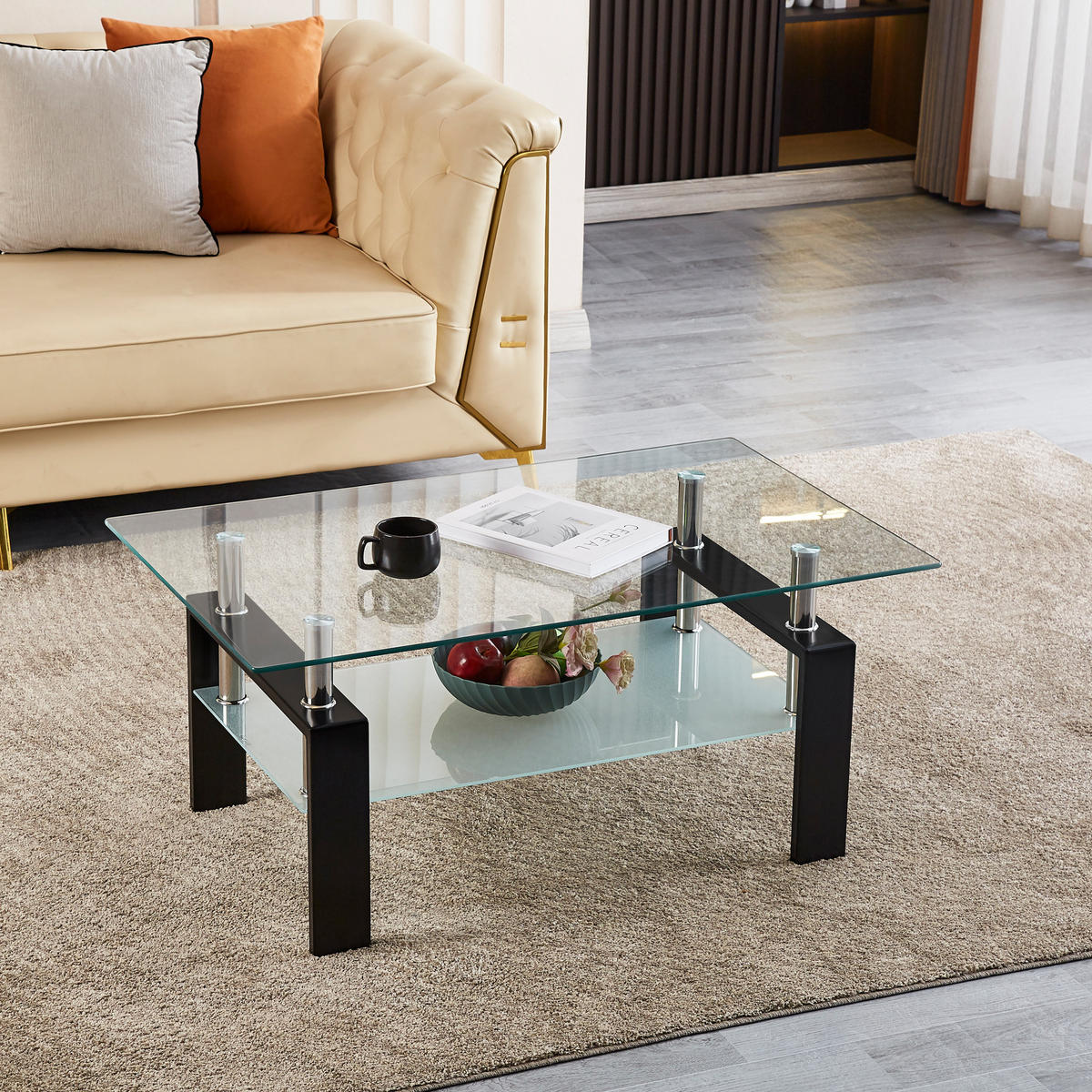 COUCHTISCH DE-37396 rechteckig mit zweistufigem Glas Schwarz - Schwarz, Metall (100/60/44cm) - ComfortXL
