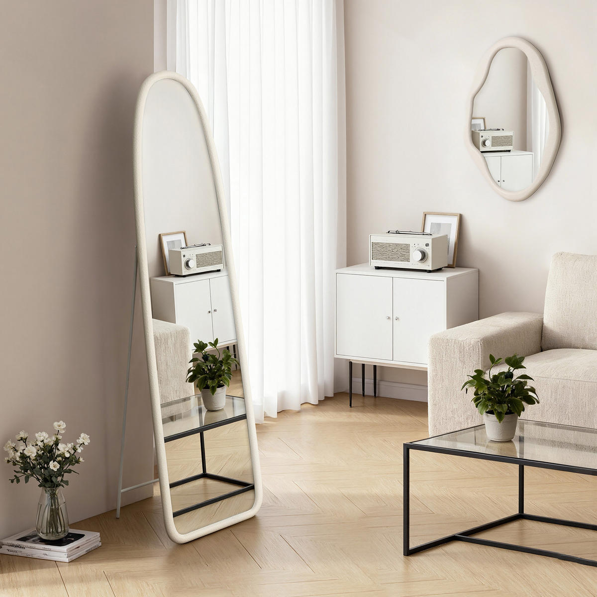 VOLLKÖRPER-SPIEGEL, 175x43 cm, eleganter gebogener Rahmen - Weiß, Glas (49/175/6cm) - Hometopia