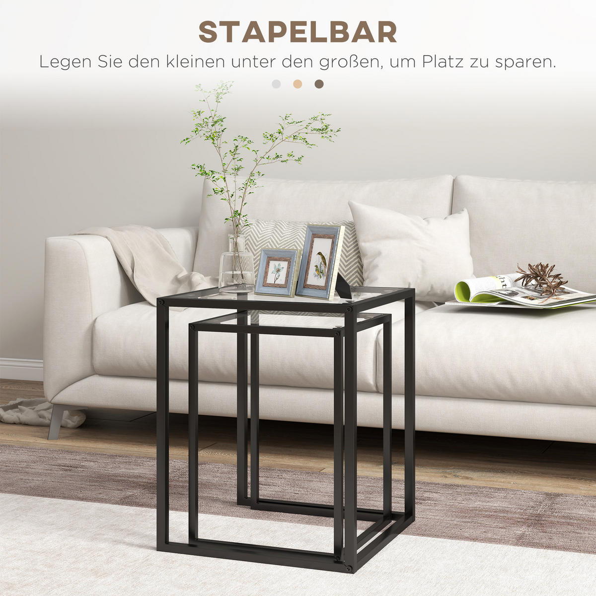 BEISTELLTISCH DE-08732 2er-Set stapelbar mit Glasplatte Schwarz - Schwarz, Metall (42/42/51cm) - ComfortXL