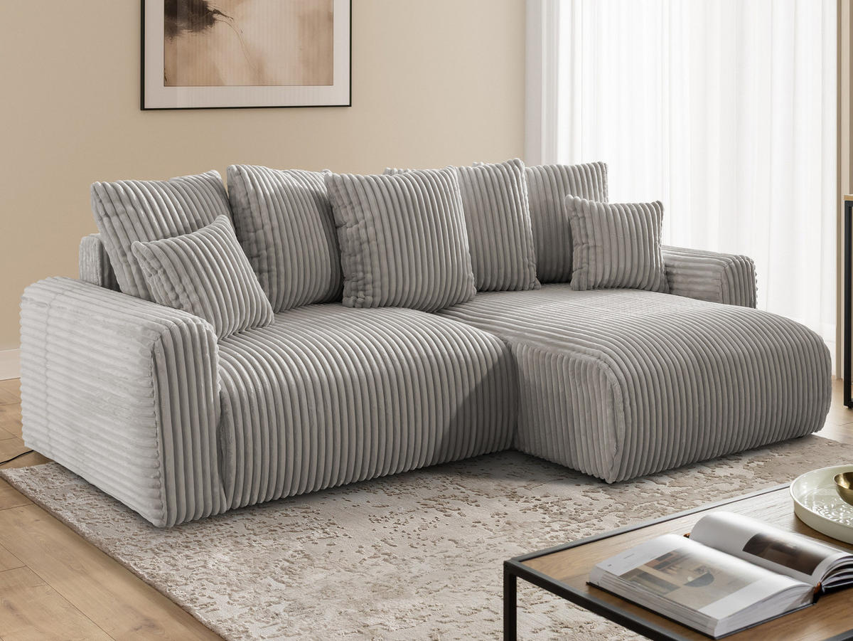 ECKSOFA Calma mit Schlaffunktion und Bettkasten im Bumpy-Design aus weichem Taupe Plüschcord - Ottomane rechts - Taupe/Schwarz, Holz/Kunststoff (140/239cm) - S-Style