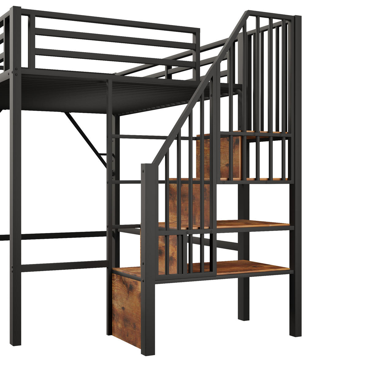 HOCHBETT 140/200 cm Schwarz mit Stauraumtreppe und offener Stauraum - Schwarz, Metall (140/200cm) - Oxeza