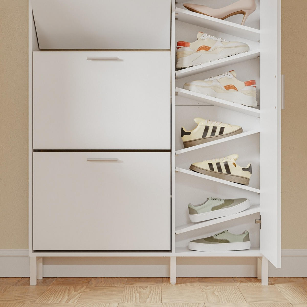 SCHUHSCHRANK mit klappbaren Fächern und Türfach FSR230 - Weiß, Holzwerkstoff (83/117.5/14cm) - SoBuy