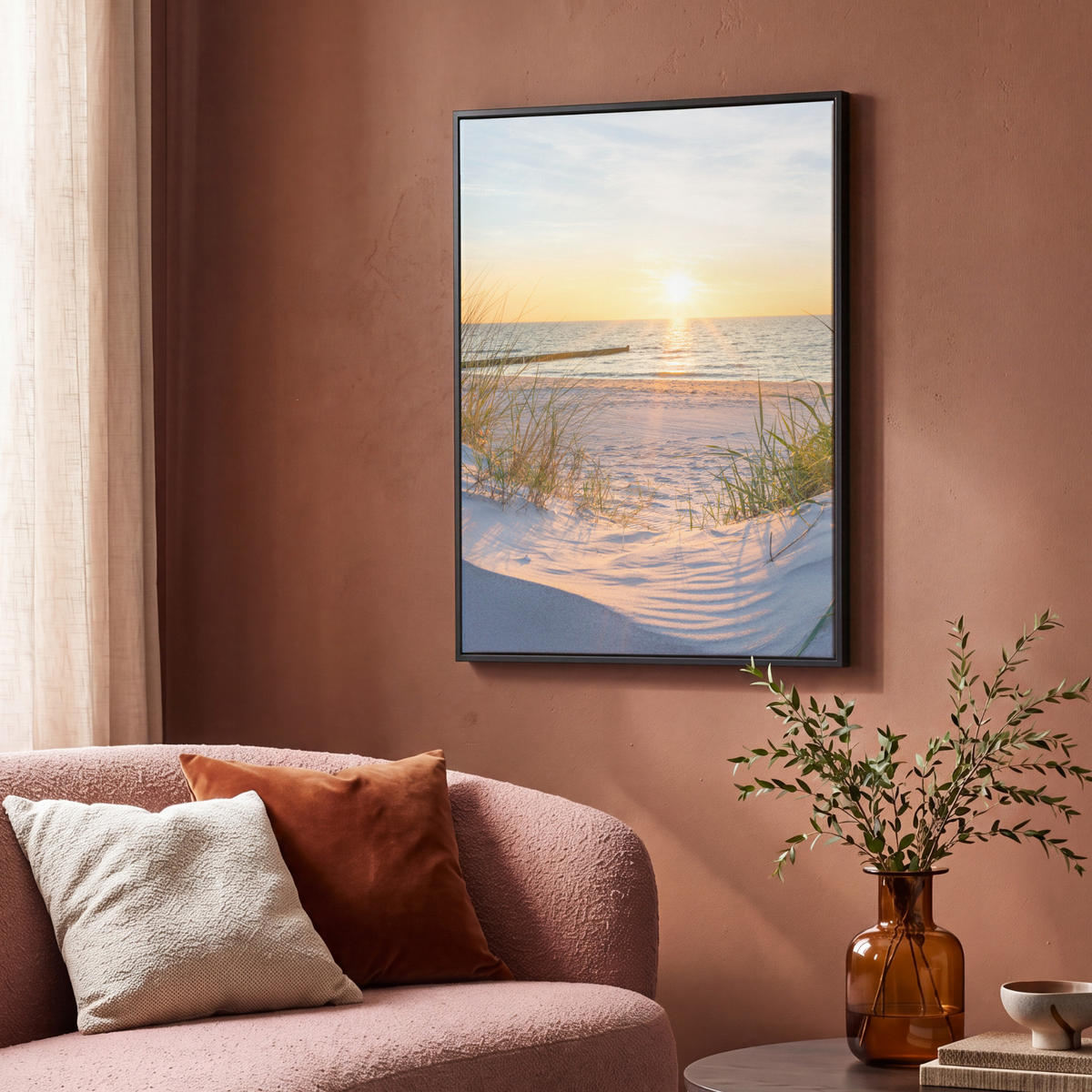LEINWAND Bilder mit Rahmen - Strand - Sonne - Düne - Gras - Sand - Horizont - 70x100 - Hellblau, Textil (70/100cm) - MuchoWow