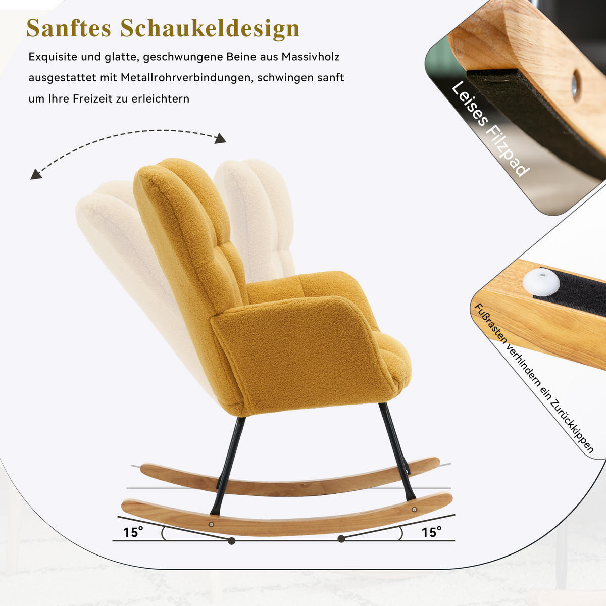 SCHAUKELSTUHL Teddy-Stoff mit hohem Rücken und Filzschutz 80/70/95 cm Gelb - Gelb, Textil (70/95/80cm) - Redom