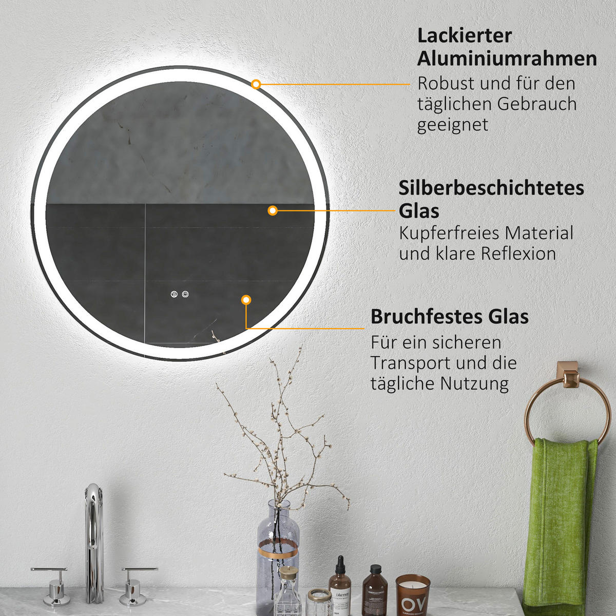 BADEZIMMERSPIEGEL, mit Touch-Funktion, Memory-Funktion, kein Beschlagen - Silberfarben, Glas (3/60/60cm) - Kleankin