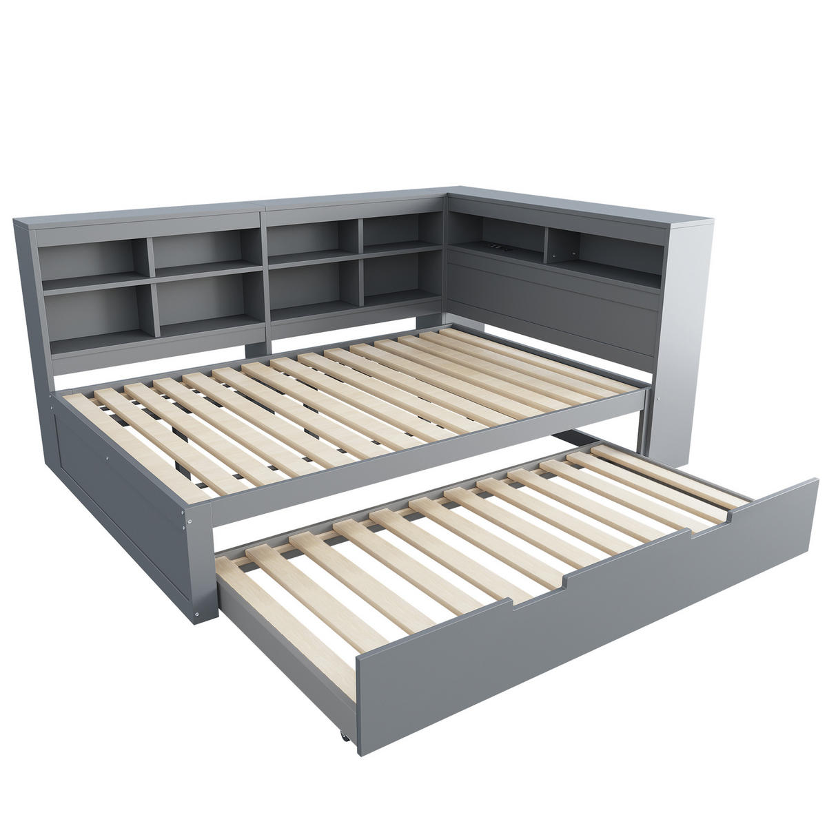 BETT 140/200 cm aus Holz mit Ausziehbett, Stauraum und USB-Anschluss - Grau, Holz (140/200cm) - Flora Grace
