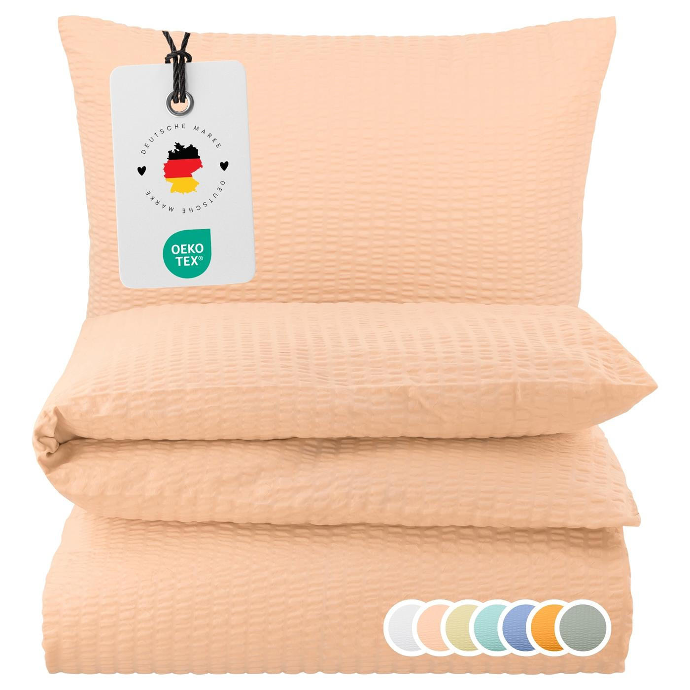 SEERSUCKER-BETTWÄSCHE 155x220 Uni Sommer Bettbezug Bügelfrei aus 100% Baumwolle, Bettbezüge einfarbig Apricot - Altrosa, Textil (155/220cm) - Carpe Sonno