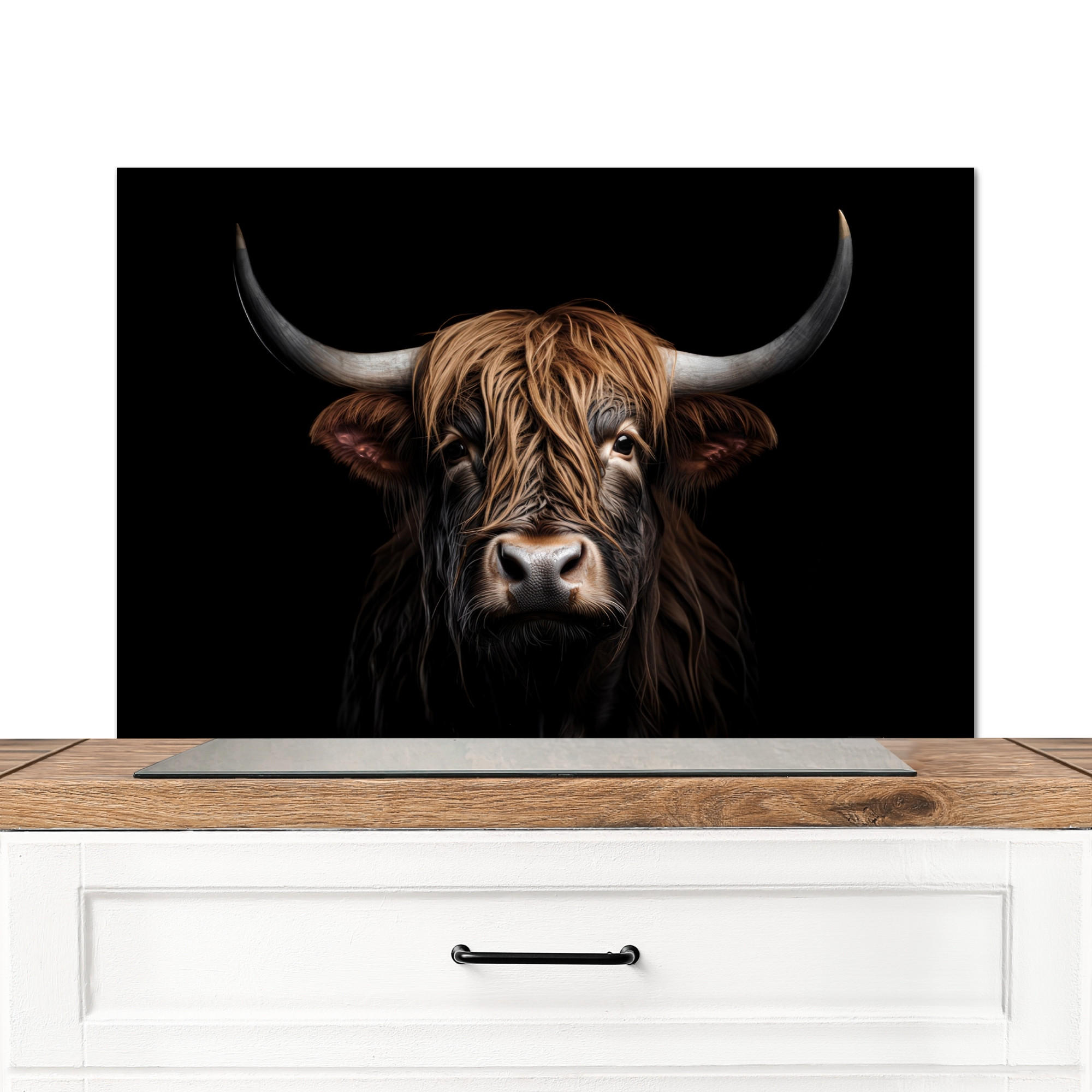 SPRITZSCHUTZ KÜCHE Schottischer Highlander - Porträt - Schwarz - Tier 80x55 cm - Braun, Metall (80/0.3/55cm) - MuchoWow